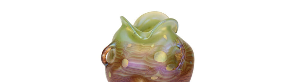 Antique Emportium - Johann Loetz Witwe Cytisus extruded handles vase may green gallery Antique Emporium - Johann Loetz Witwe Cytisus extruded handles vase may green gallery