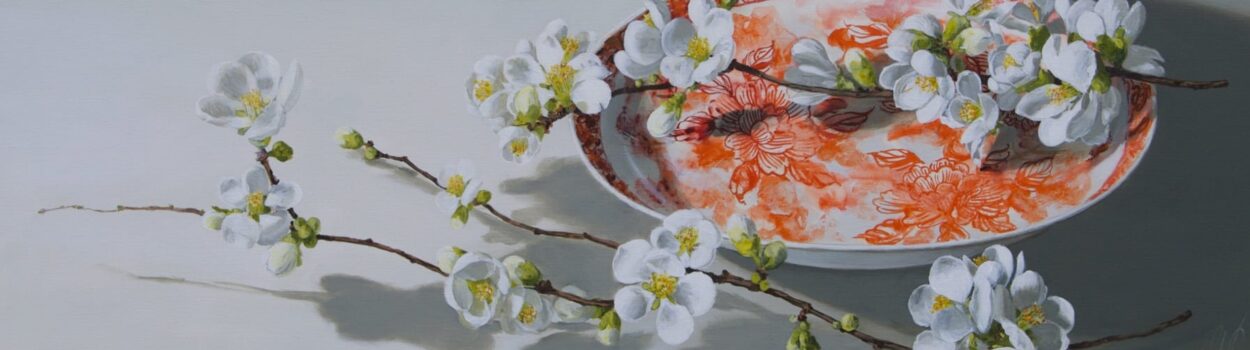 De Kunstsalon - Oranje Bord met Japanse Bloesem 70x160cm De Kunstsalon - Oranje Bord met Japanse Bloesem 70x160cm